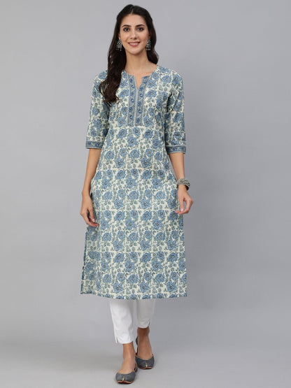 Women Blue & Cream Floral Printed Straight Kurta With Three Quarter Sleeves | LASVINI - Redefining Indian Fashion with Elegance