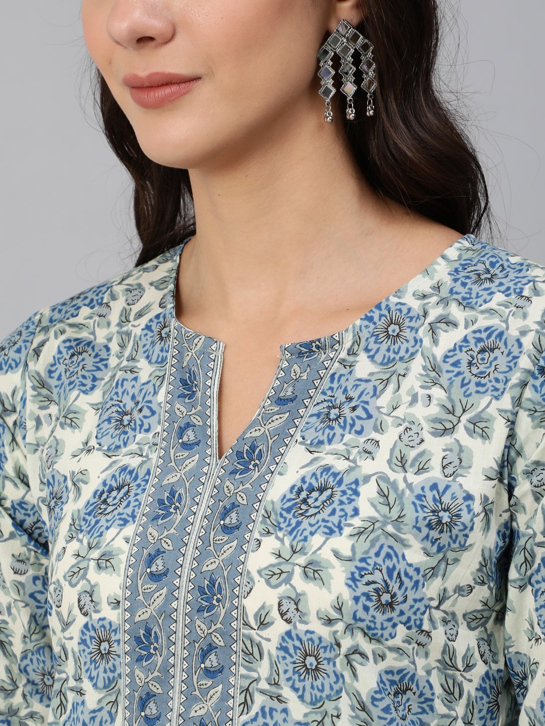 Women Blue & Cream Floral Printed Straight Kurta With Three Quarter Sleeves | LASVINI - Redefining Indian Fashion with Elegance