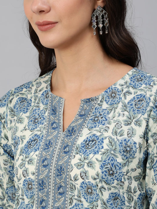 Women Blue & Cream Floral Printed Straight Kurta With Three Quarter Sleeves | LASVINI - Redefining Indian Fashion with Elegance