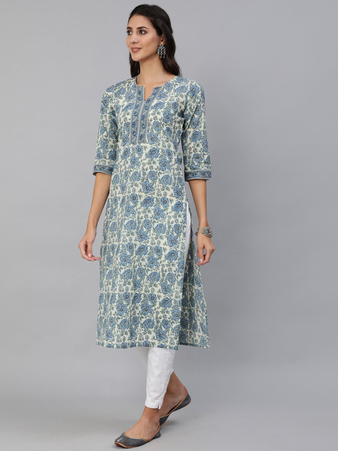 Women Blue & Cream Floral Printed Straight Kurta With Three Quarter Sleeves | LASVINI - Redefining Indian Fashion with Elegance