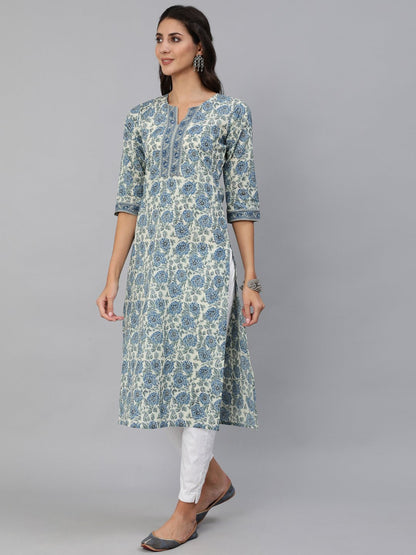 Women Blue & Cream Floral Printed Straight Kurta With Three Quarter Sleeves | LASVINI - Redefining Indian Fashion with Elegance