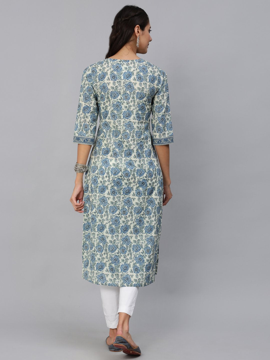 Women Blue & Cream Floral Printed Straight Kurta With Three Quarter Sleeves | LASVINI - Redefining Indian Fashion with Elegance