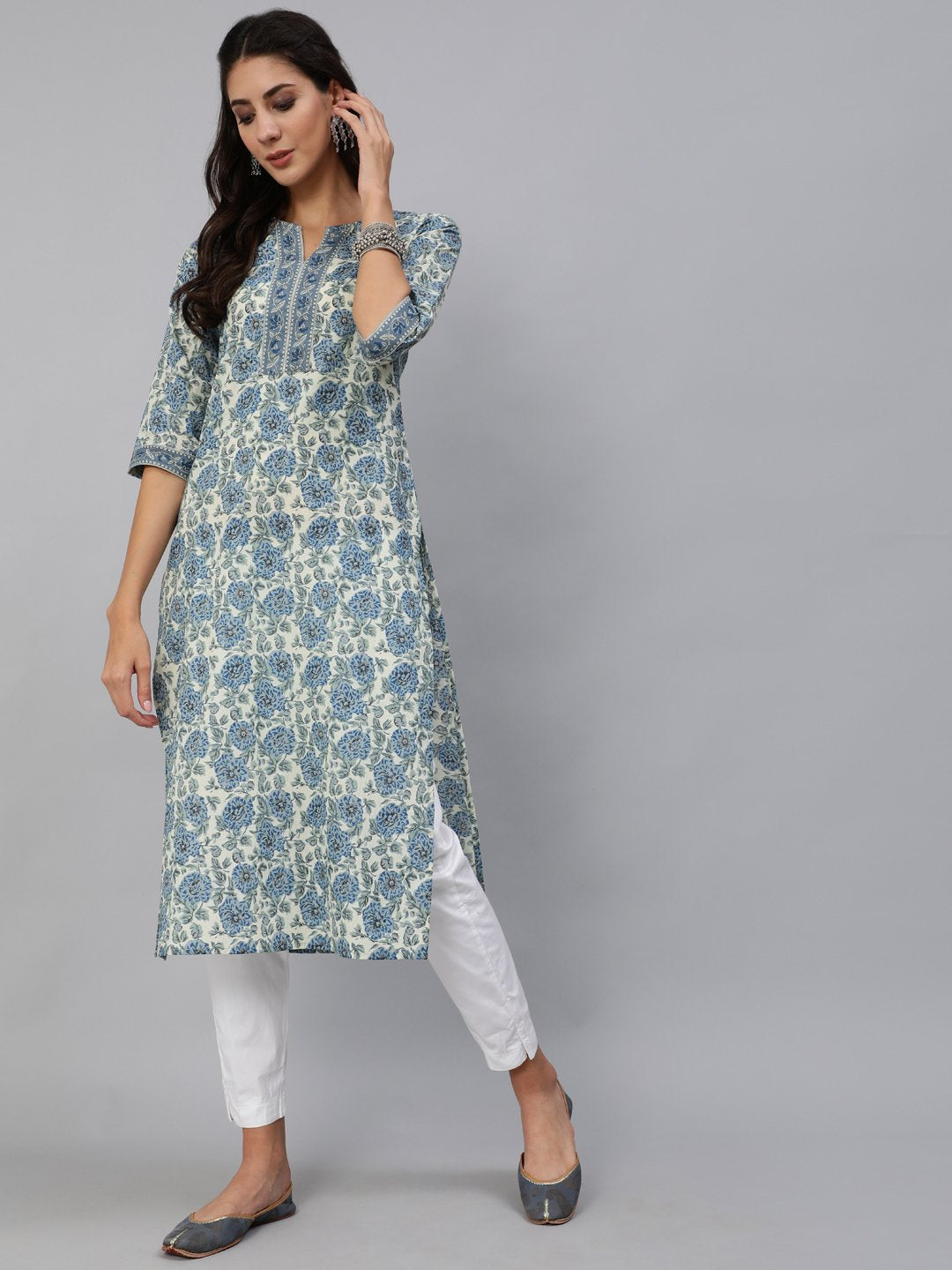 Women Blue & Cream Floral Printed Straight Kurta With Three Quarter Sleeves | LASVINI - Redefining Indian Fashion with Elegance