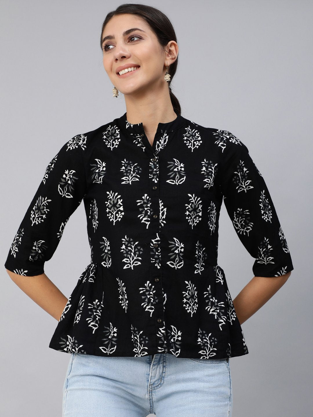 Women Black Printed Top With Three Quarter Flared Sleeves | LASVINI - Redefining Indian Fashion with Elegance