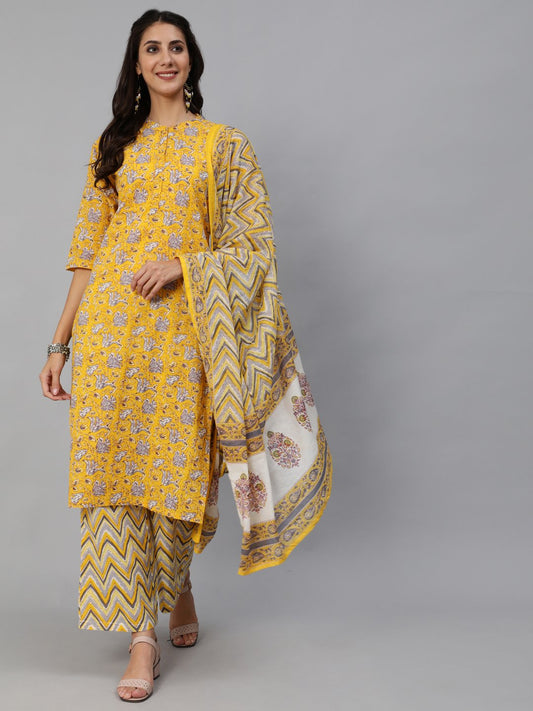 Women Yellow & Grey Floral Printed Straight Kurta Set With Plazo & Dupatta | LASVINI - Redefining Indian Fashion with Elegance