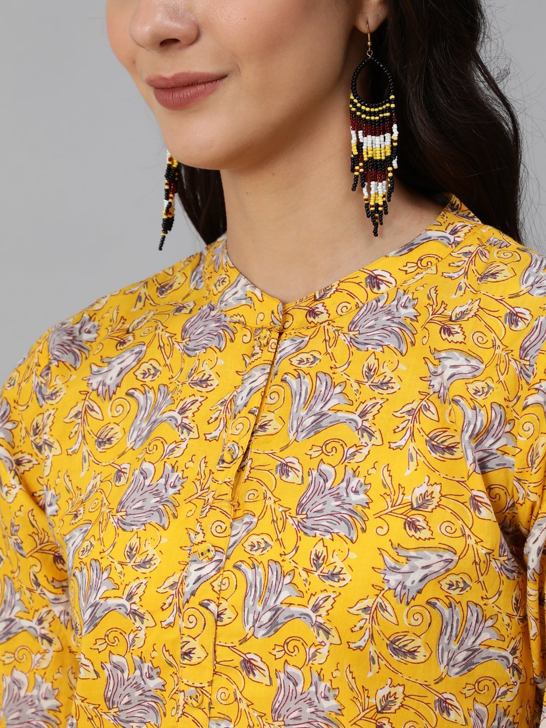 Women Yellow & Grey Floral Printed Straight Kurta Set With Plazo & Dupatta | LASVINI - Redefining Indian Fashion with Elegance