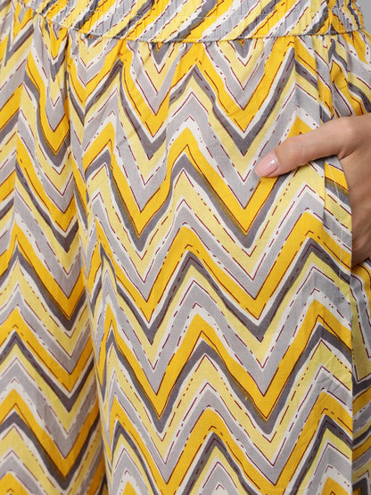 Women Yellow & Grey Floral Printed Straight Kurta Set With Plazo & Dupatta | LASVINI - Redefining Indian Fashion with Elegance