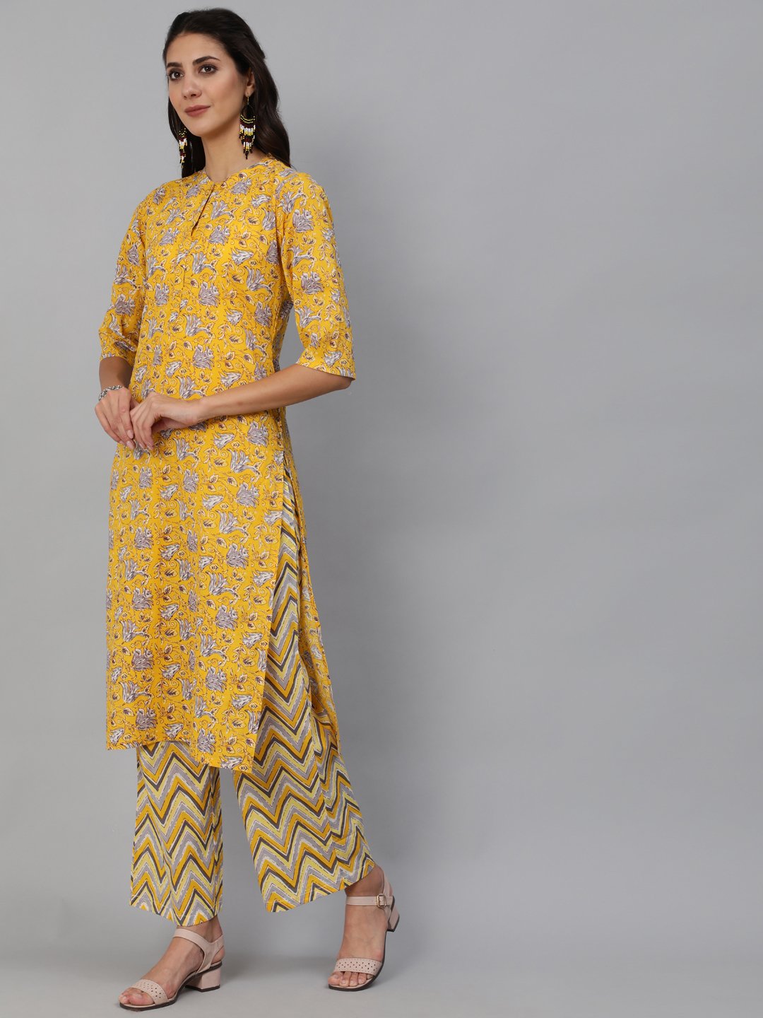 Women Yellow & Grey Floral Printed Straight Kurta Set With Plazo & Dupatta | LASVINI - Redefining Indian Fashion with Elegance