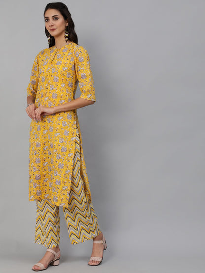 Women Yellow & Grey Floral Printed Straight Kurta Set With Plazo & Dupatta | LASVINI - Redefining Indian Fashion with Elegance