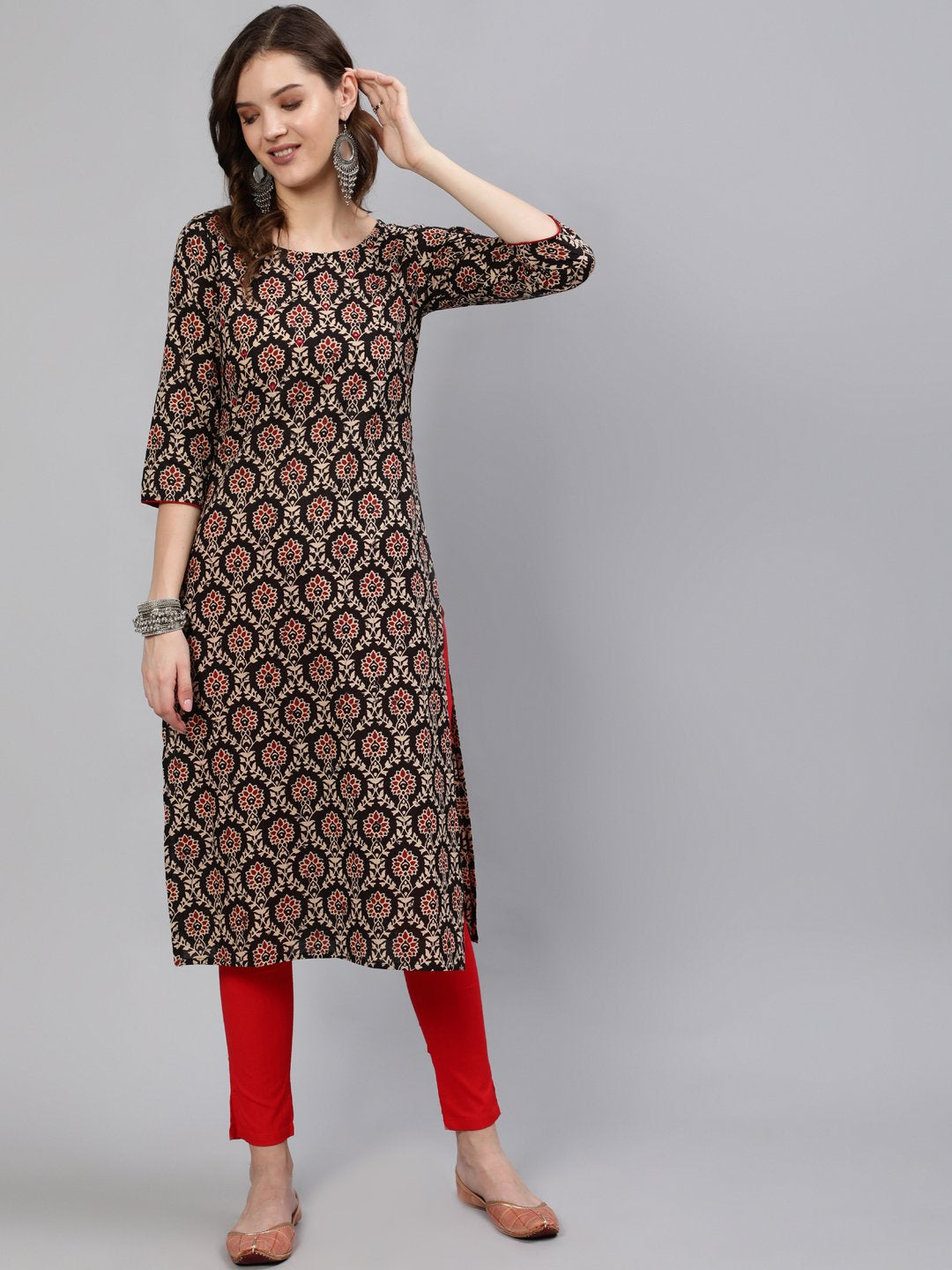 Women Black Mirror Work Printed Straight Kurta With Three Quarter Sleeves | LASVINI - Redefining Indian Fashion with Elegance