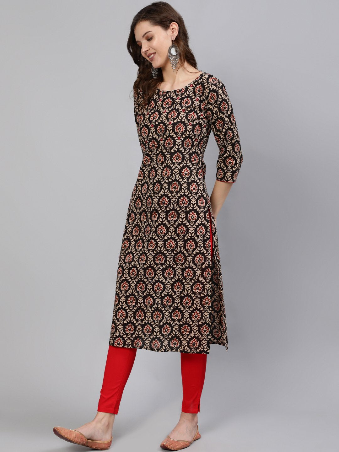 Women Black Mirror Work Printed Straight Kurta With Three Quarter Sleeves | LASVINI - Redefining Indian Fashion with Elegance