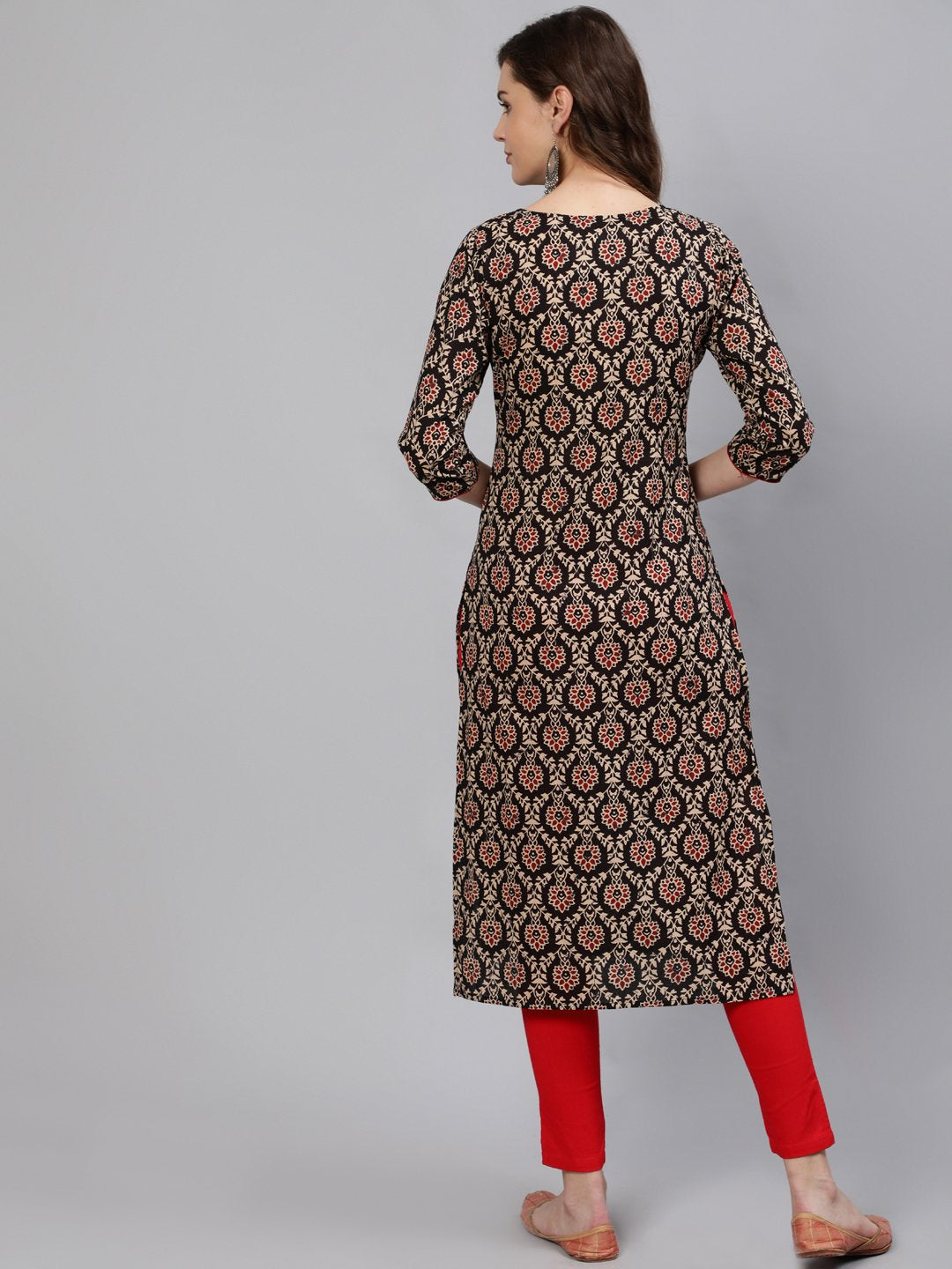 Women Black Mirror Work Printed Straight Kurta With Three Quarter Sleeves | LASVINI - Redefining Indian Fashion with Elegance