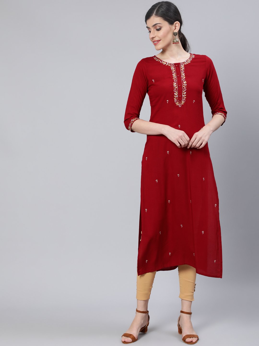 Women Maroon Embroidered Straight Kurta With Three Quarter Sleeves | LASVINI - Redefining Indian Fashion with Elegance