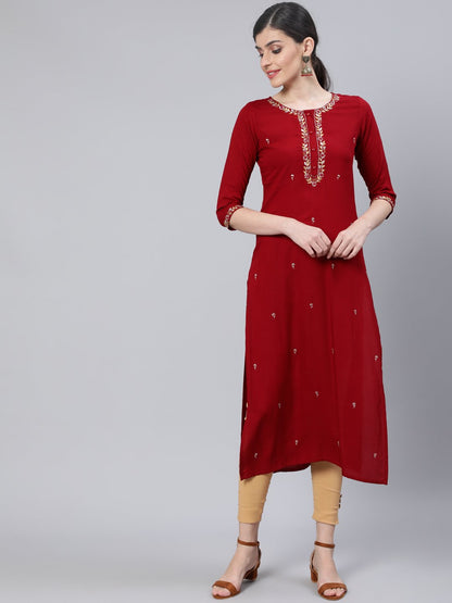 Women Maroon Embroidered Straight Kurta With Three Quarter Sleeves | LASVINI - Redefining Indian Fashion with Elegance