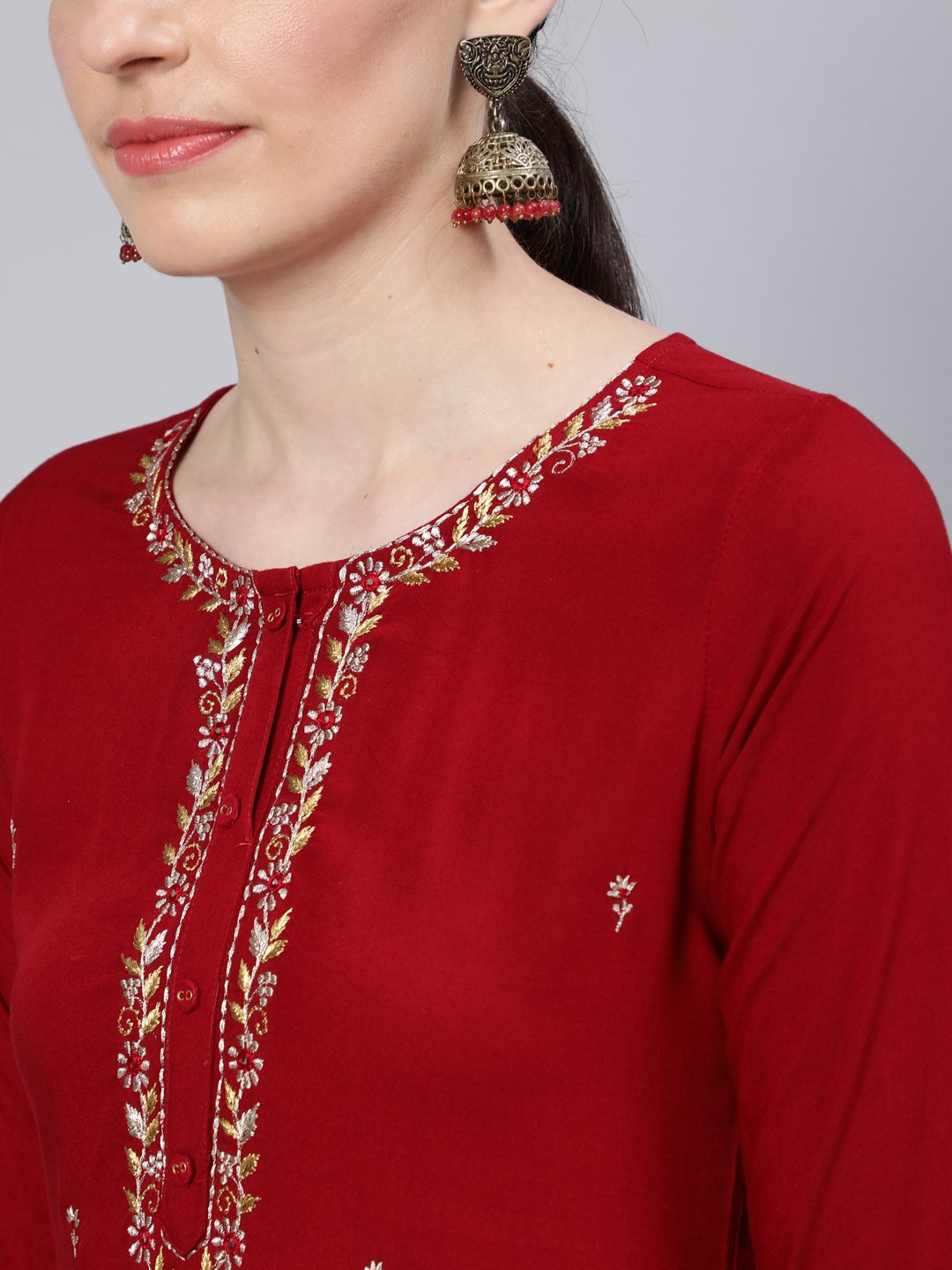 Women Maroon Embroidered Straight Kurta With Three Quarter Sleeves | LASVINI - Redefining Indian Fashion with Elegance