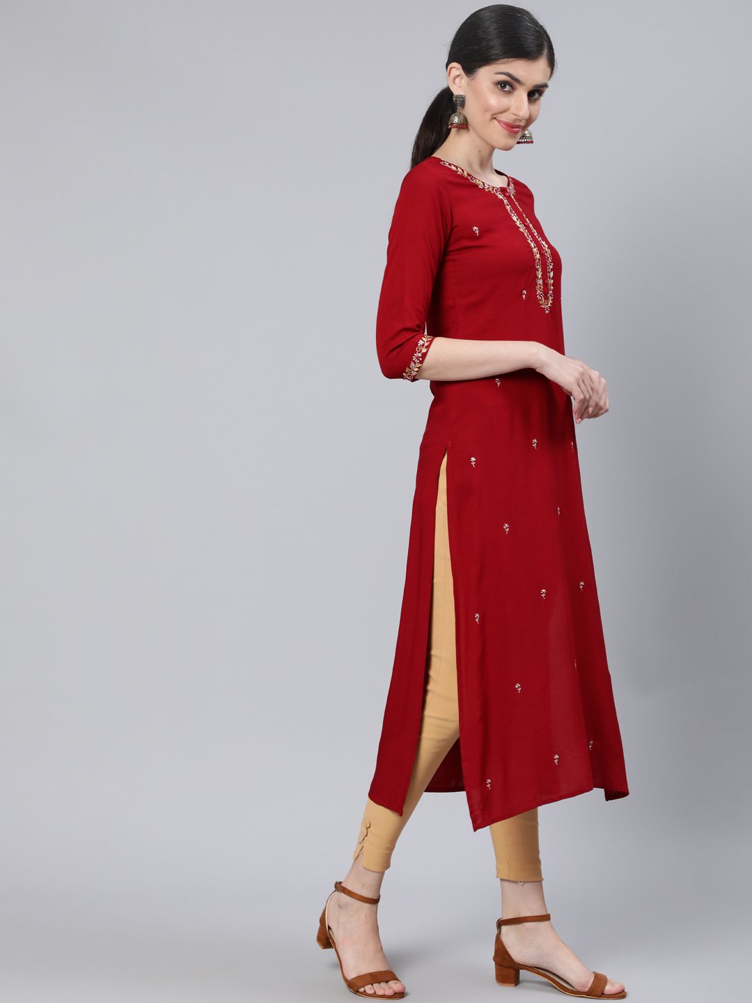 Women Maroon Embroidered Straight Kurta With Three Quarter Sleeves | LASVINI - Redefining Indian Fashion with Elegance