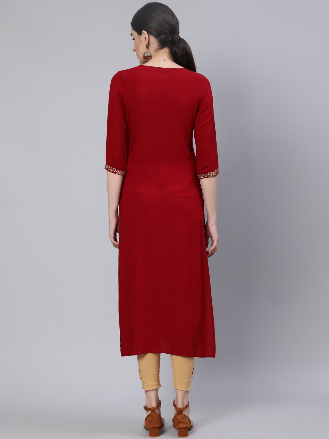 Women Maroon Embroidered Straight Kurta With Three Quarter Sleeves | LASVINI - Redefining Indian Fashion with Elegance