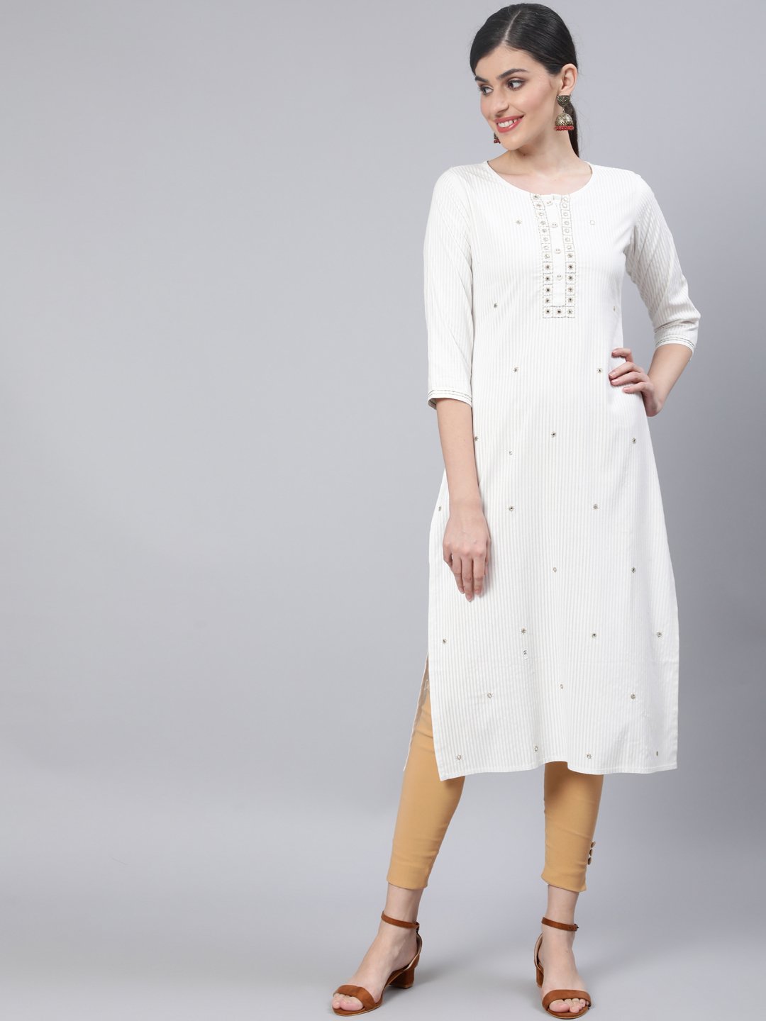 Women Off White Embroidered Straight Kurta With Three Quarter Sleeves | LASVINI - Redefining Indian Fashion with Elegance