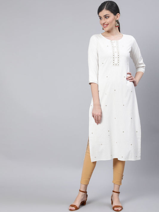 Women Off White Embroidered Straight Kurta With Three Quarter Sleeves | LASVINI - Redefining Indian Fashion with Elegance