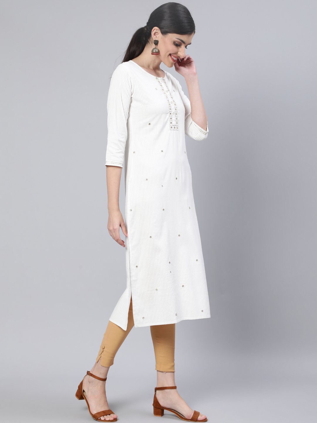 Women Off White Embroidered Straight Kurta With Three Quarter Sleeves | LASVINI - Redefining Indian Fashion with Elegance