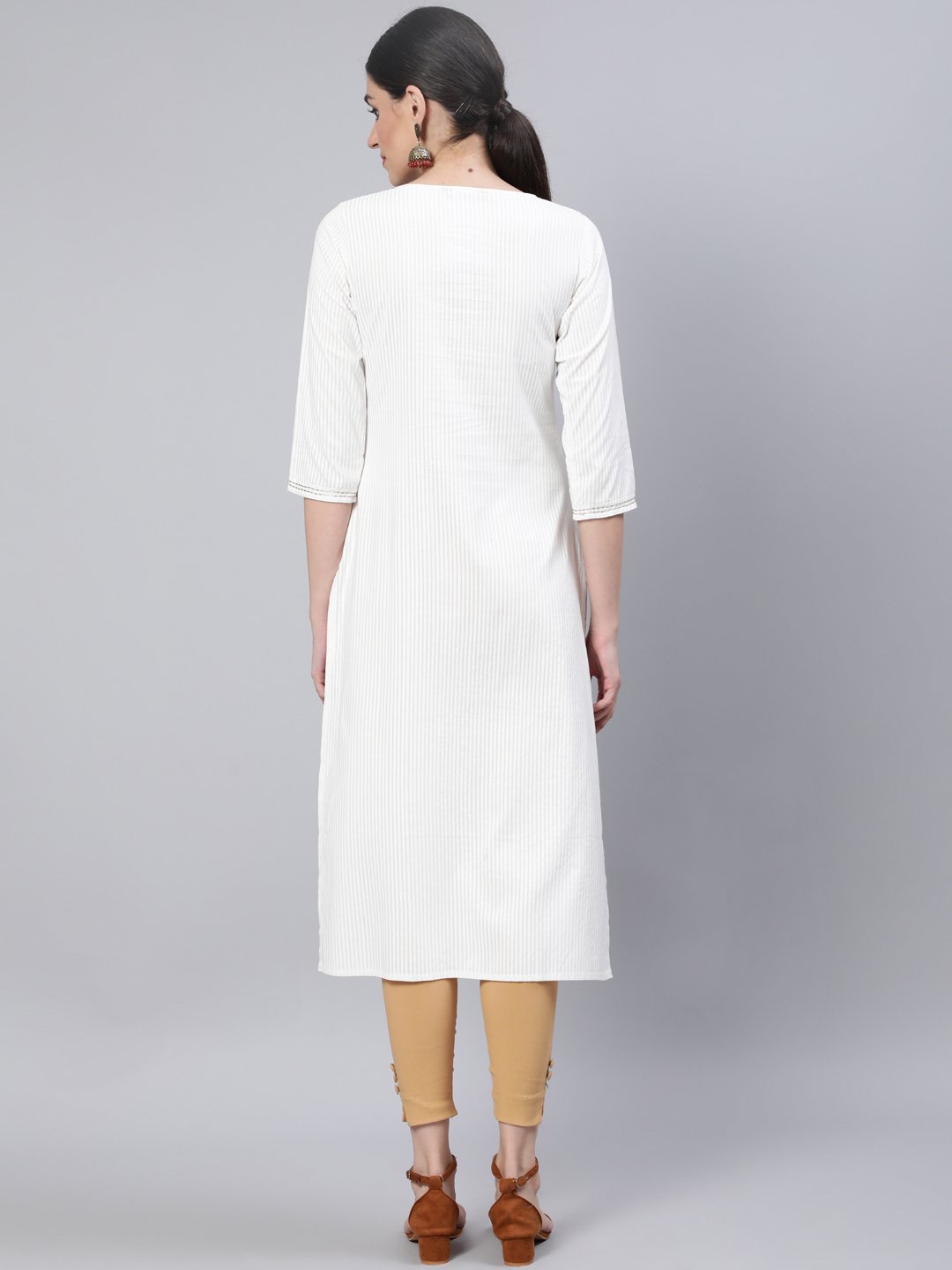 Women Off White Embroidered Straight Kurta With Three Quarter Sleeves | LASVINI - Redefining Indian Fashion with Elegance