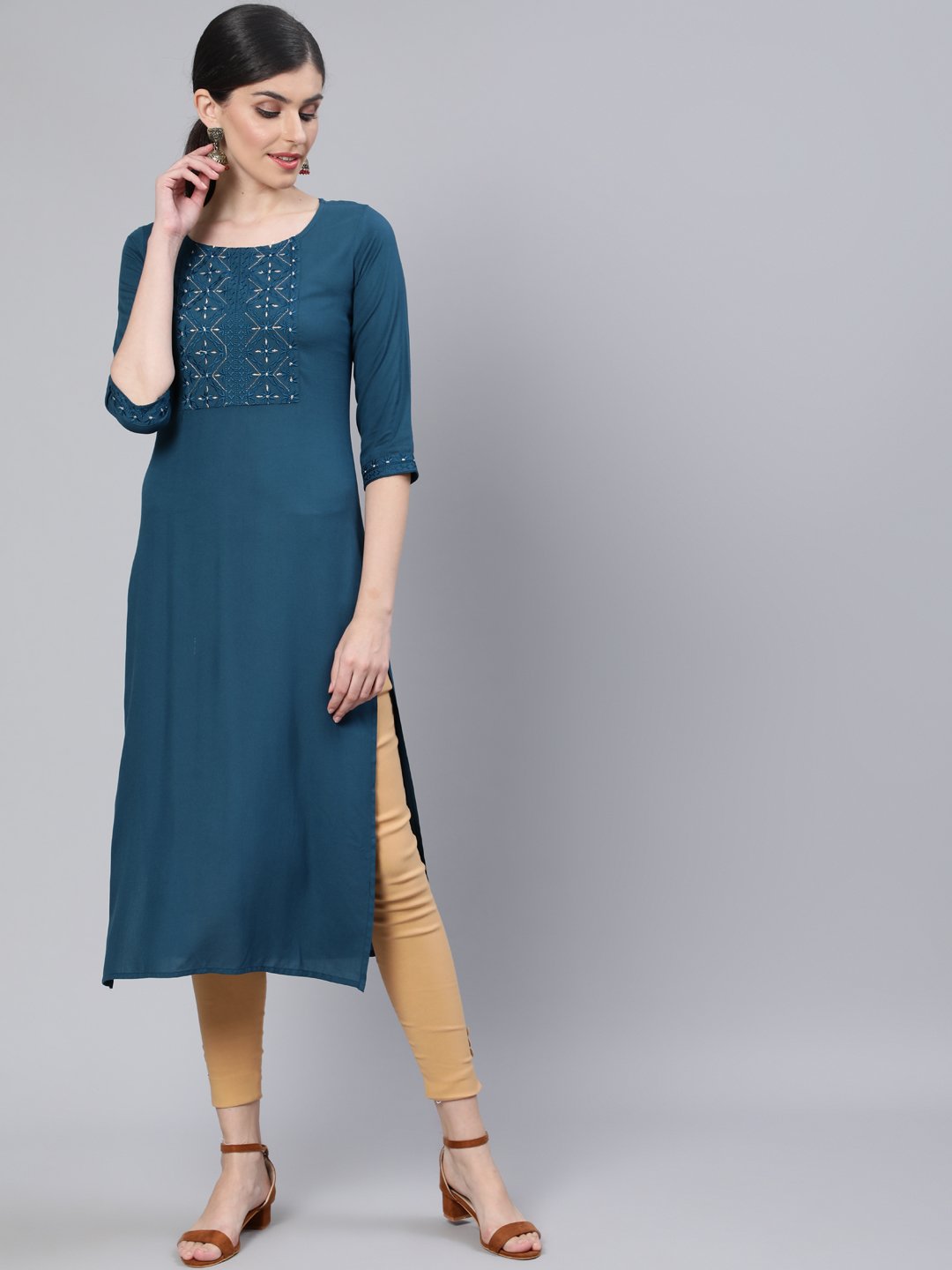 Women Teal Blue Embroidered Straight Kurta With Three Quarter Sleeves | LASVINI - Redefining Indian Fashion with Elegance