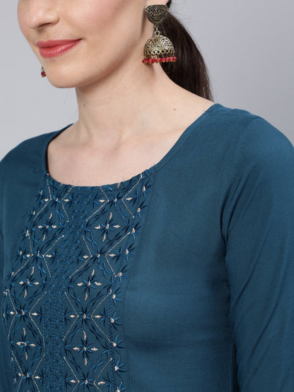 Women Teal Blue Embroidered Straight Kurta With Three Quarter Sleeves | LASVINI - Redefining Indian Fashion with Elegance