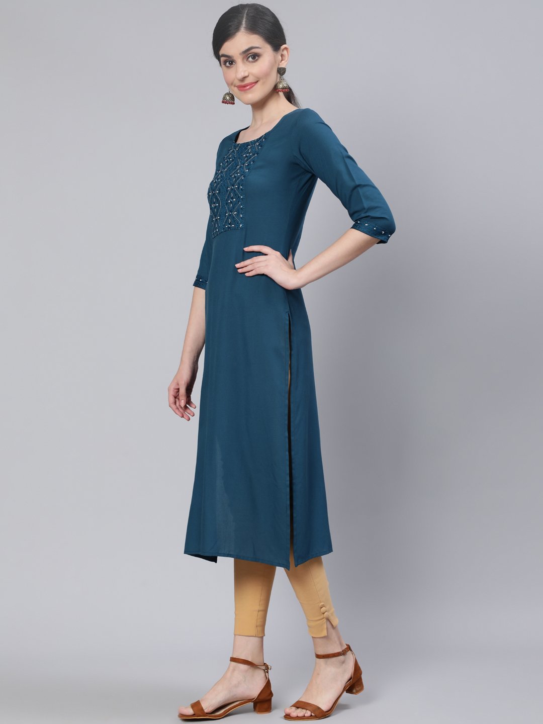 Women Teal Blue Embroidered Straight Kurta With Three Quarter Sleeves | LASVINI - Redefining Indian Fashion with Elegance
