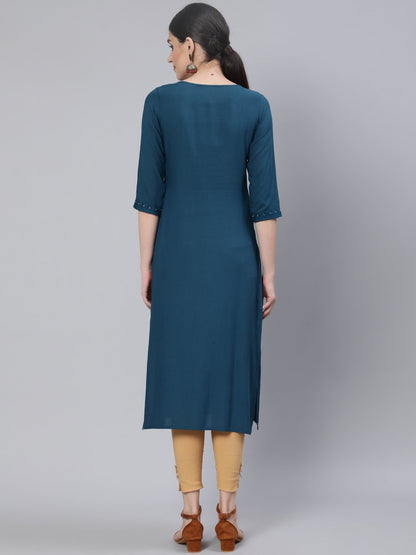 Women Teal Blue Embroidered Straight Kurta With Three Quarter Sleeves | LASVINI - Redefining Indian Fashion with Elegance