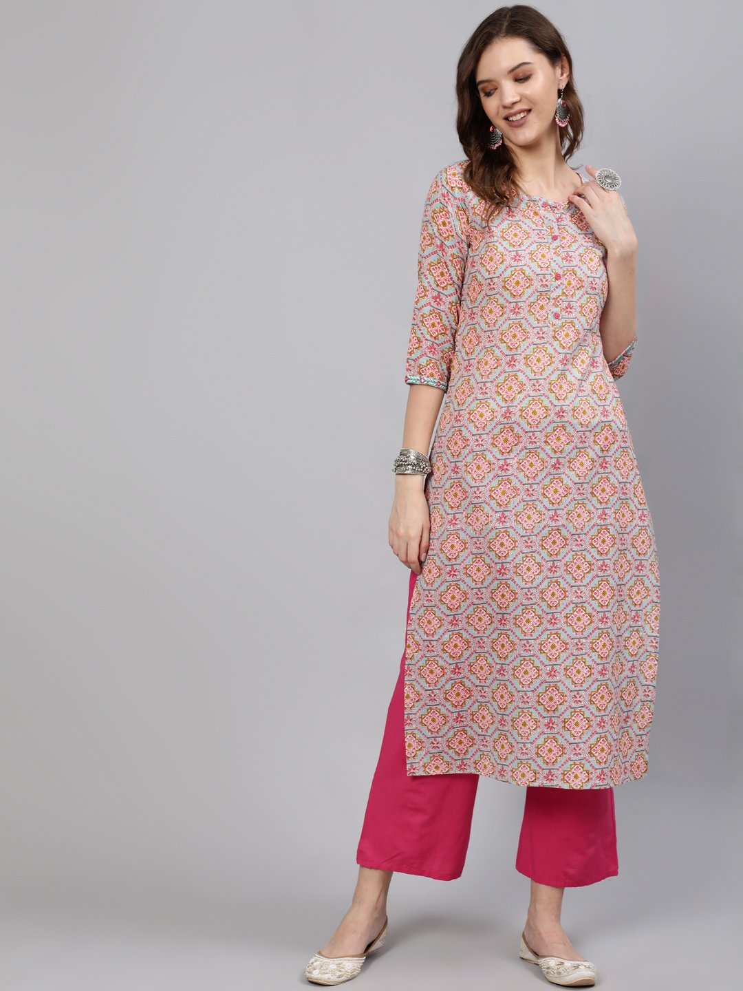 Women Blue Embroidered Mirror Work Printed Straight Kurta With Three Quarter Sleeves | LASVINI - Redefining Indian Fashion with Elegance