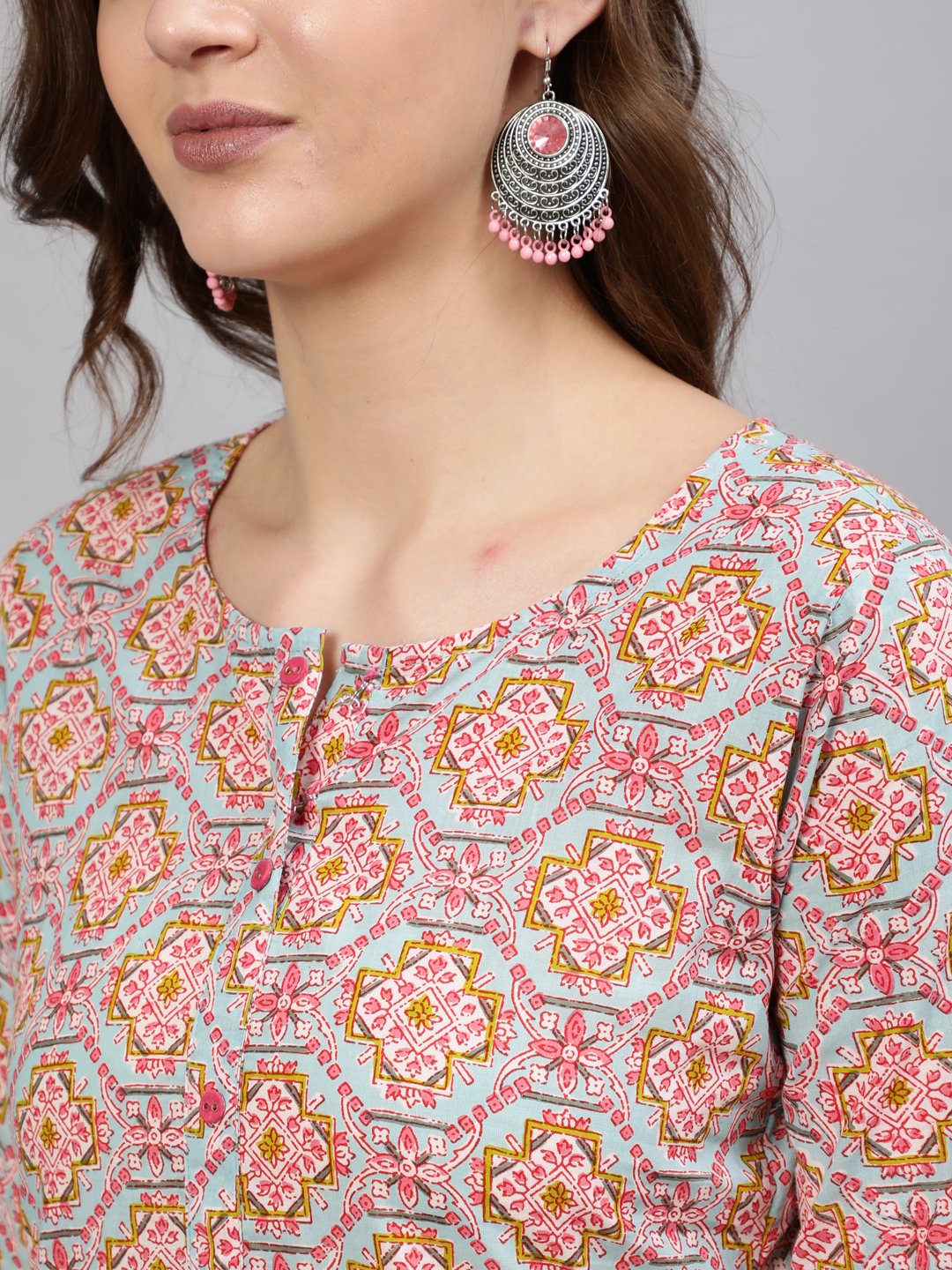 Women Blue Embroidered Mirror Work Printed Straight Kurta With Three Quarter Sleeves | LASVINI - Redefining Indian Fashion with Elegance