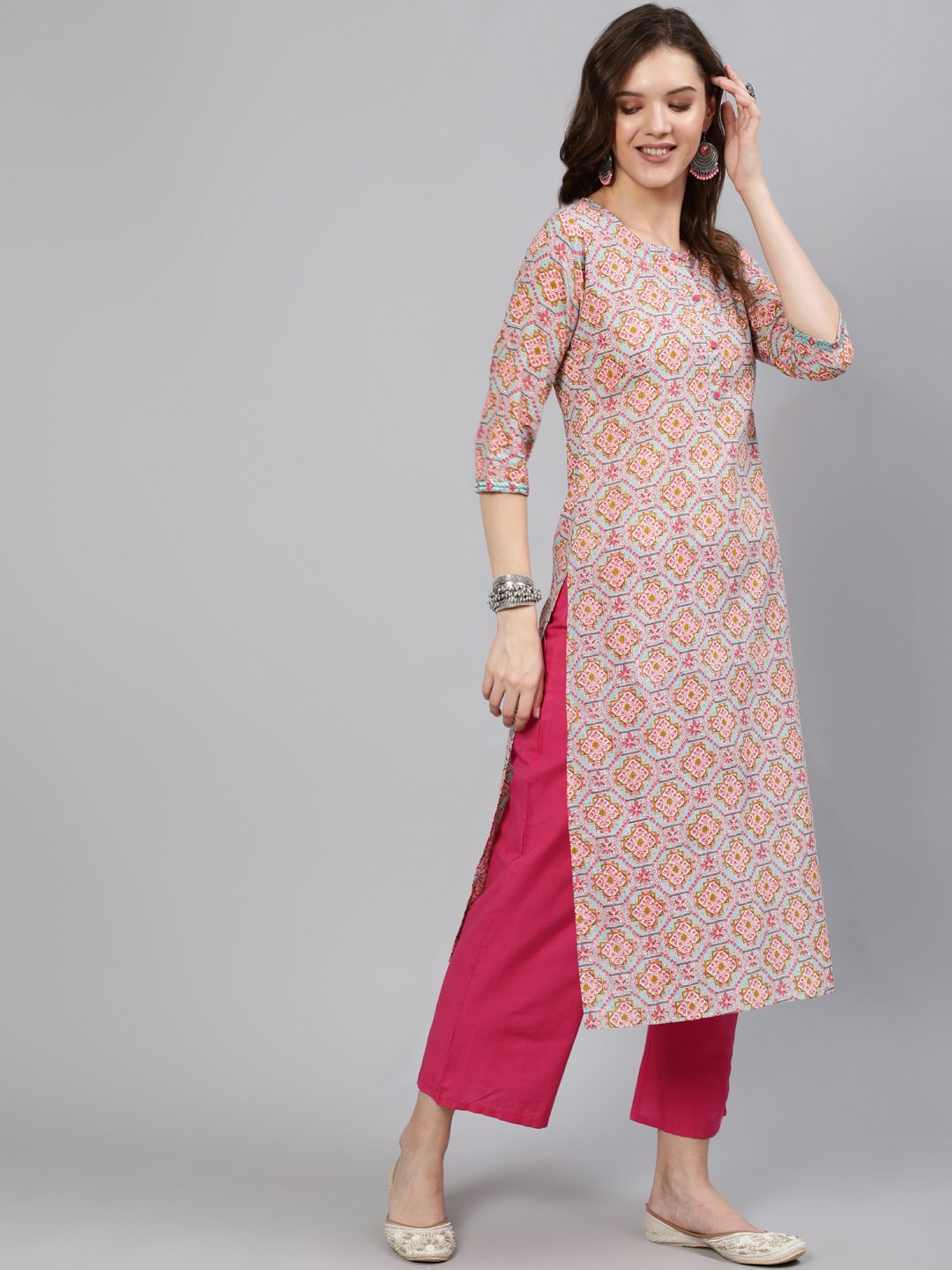 Women Blue Embroidered Mirror Work Printed Straight Kurta With Three Quarter Sleeves | LASVINI - Redefining Indian Fashion with Elegance