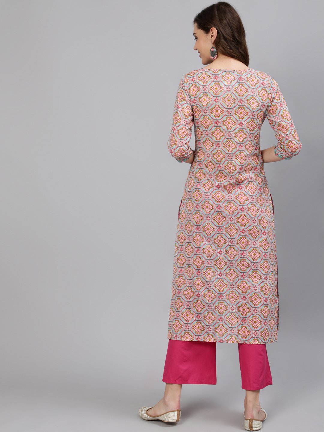 Women Blue Embroidered Mirror Work Printed Straight Kurta With Three Quarter Sleeves | LASVINI - Redefining Indian Fashion with Elegance