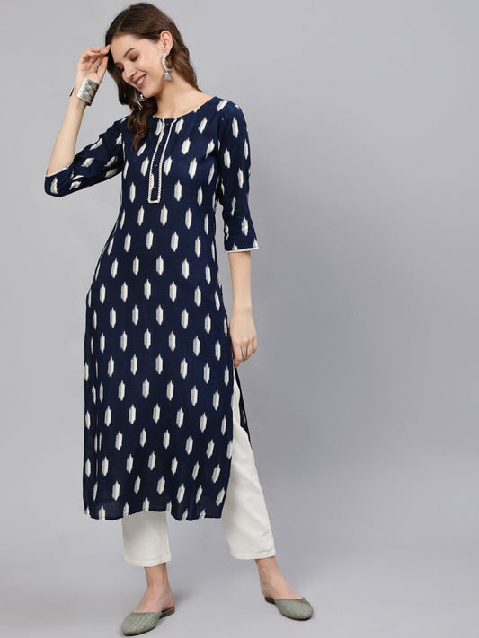 Women Navy Blue Printed Straight Kurta With Three Quarter Sleeves | LASVINI - Redefining Indian Fashion with Elegance