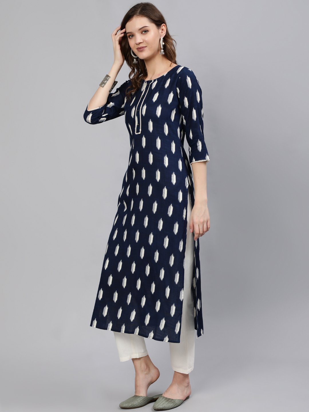 Women Navy Blue Printed Straight Kurta With Three Quarter Sleeves | LASVINI - Redefining Indian Fashion with Elegance