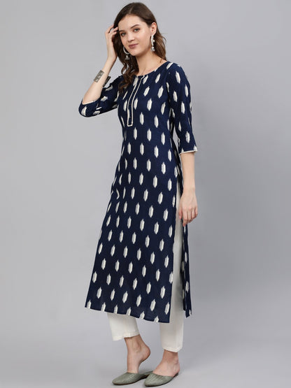 Women Navy Blue Printed Straight Kurta With Three Quarter Sleeves | LASVINI - Redefining Indian Fashion with Elegance