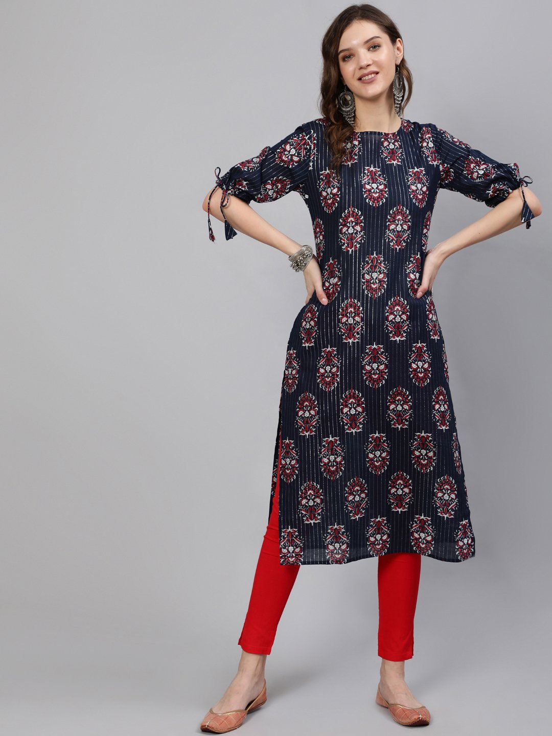 Women Navy Blue Printed Straight Kurta With Half Sleeves | LASVINI - Redefining Indian Fashion with Elegance