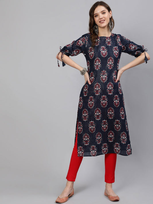 Women Navy Blue Printed Straight Kurta With Half Sleeves | LASVINI - Redefining Indian Fashion with Elegance
