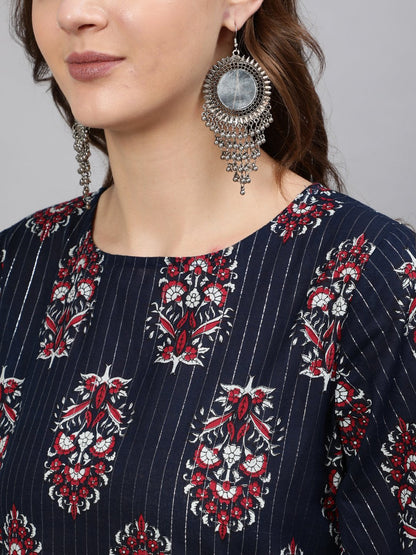 Women Navy Blue Printed Straight Kurta With Half Sleeves | LASVINI - Redefining Indian Fashion with Elegance