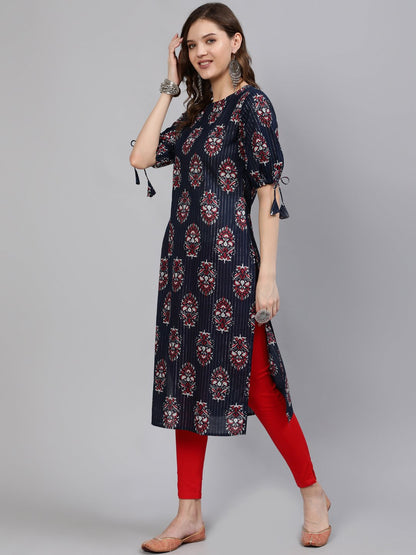 Women Navy Blue Printed Straight Kurta With Half Sleeves | LASVINI - Redefining Indian Fashion with Elegance