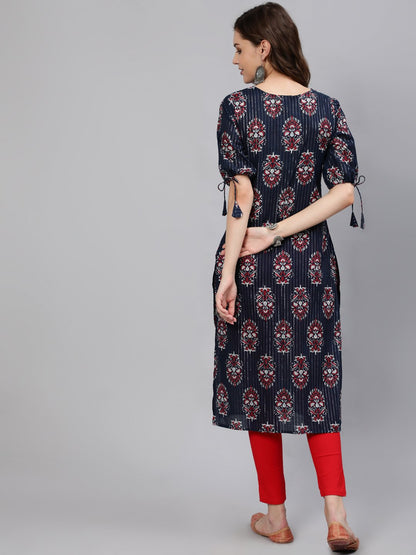 Women Navy Blue Printed Straight Kurta With Half Sleeves | LASVINI - Redefining Indian Fashion with Elegance