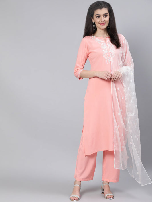 Women Pink Straight Kurta With Plazo & Organza Embroidered Dupatta | LASVINI - Redefining Indian Fashion with Elegance
