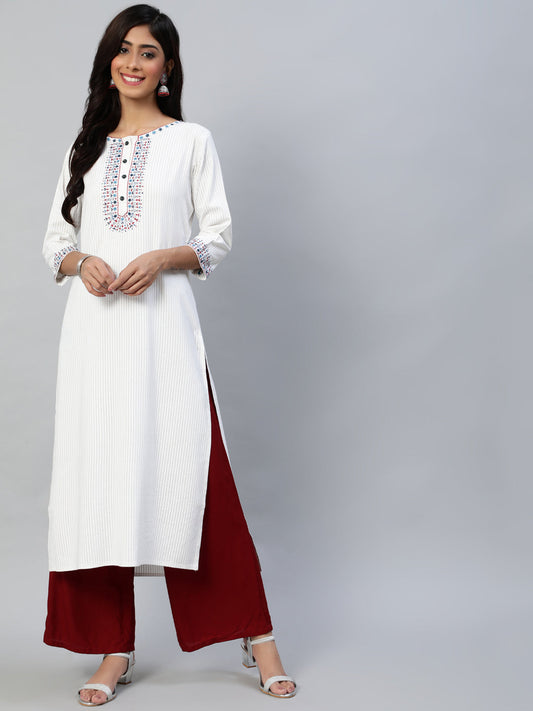 Women Off White Embroidered Straight Kurta With Three Quarter Sleeves | LASVINI - Redefining Indian Fashion with Elegance