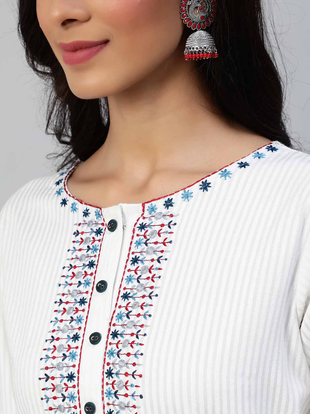 Women Off White Embroidered Straight Kurta With Three Quarter Sleeves | LASVINI - Redefining Indian Fashion with Elegance
