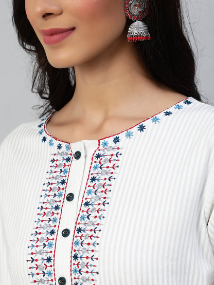 Women Off White Embroidered Straight Kurta With Three Quarter Sleeves | LASVINI - Redefining Indian Fashion with Elegance