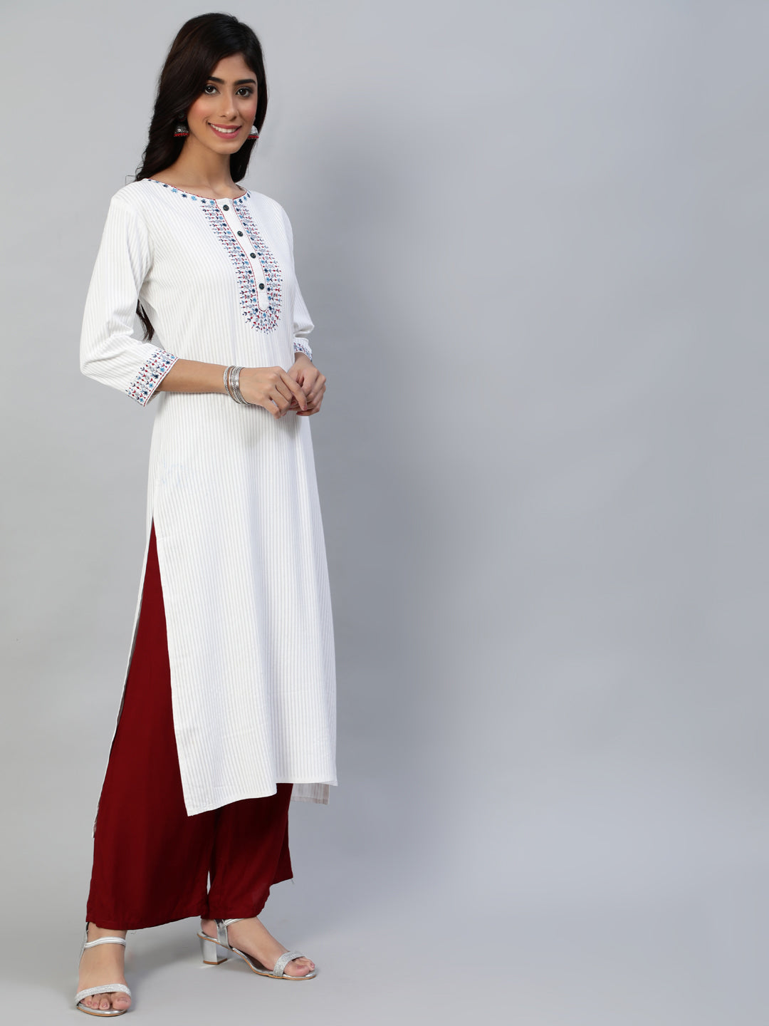 Women Off White Embroidered Straight Kurta With Three Quarter Sleeves | LASVINI - Redefining Indian Fashion with Elegance