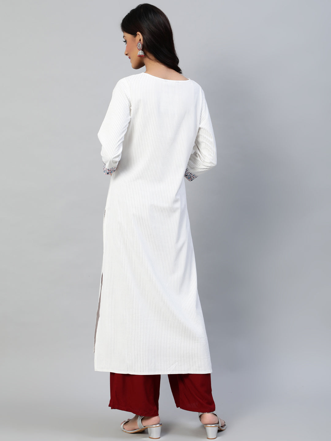 Women Off White Embroidered Straight Kurta With Three Quarter Sleeves | LASVINI - Redefining Indian Fashion with Elegance