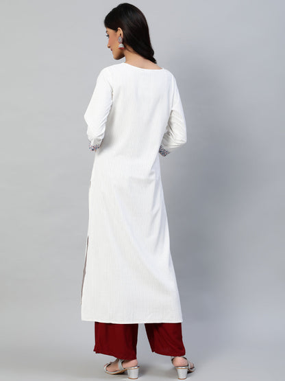 Women Off White Embroidered Straight Kurta With Three Quarter Sleeves | LASVINI - Redefining Indian Fashion with Elegance