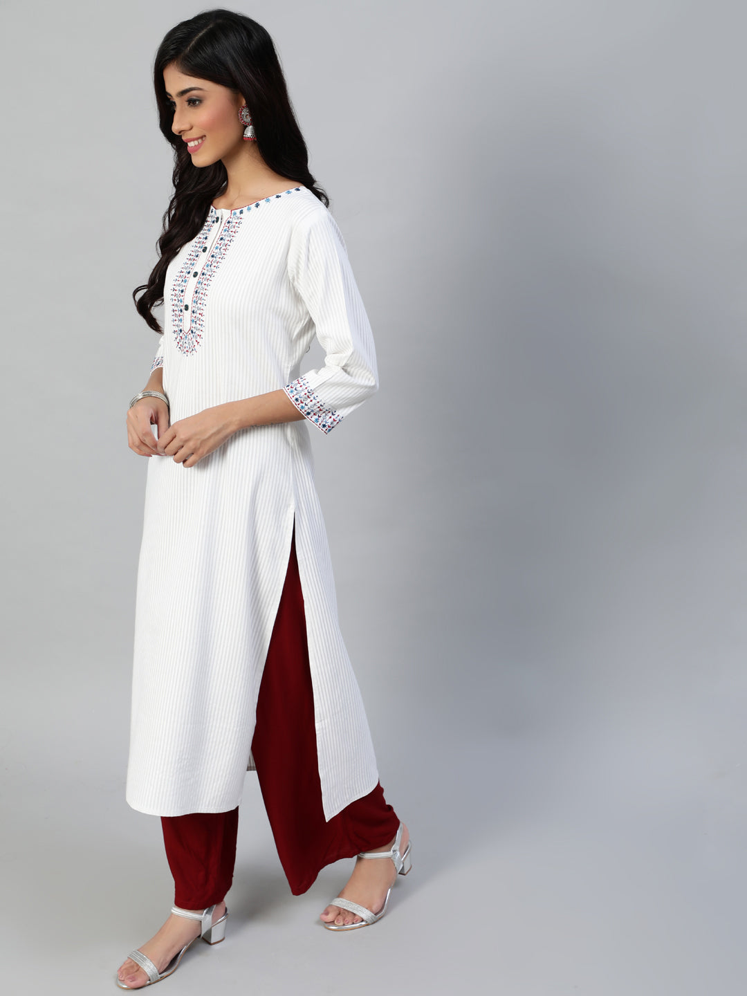 Women Off White Embroidered Straight Kurta With Three Quarter Sleeves | LASVINI - Redefining Indian Fashion with Elegance