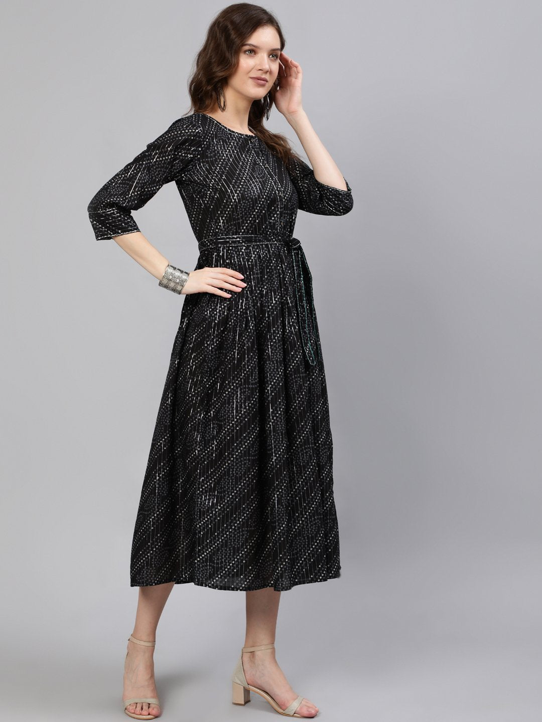 Women Black Embroidered Dress With Three Quarter Sleeves | LASVINI - Redefining Indian Fashion with Elegance